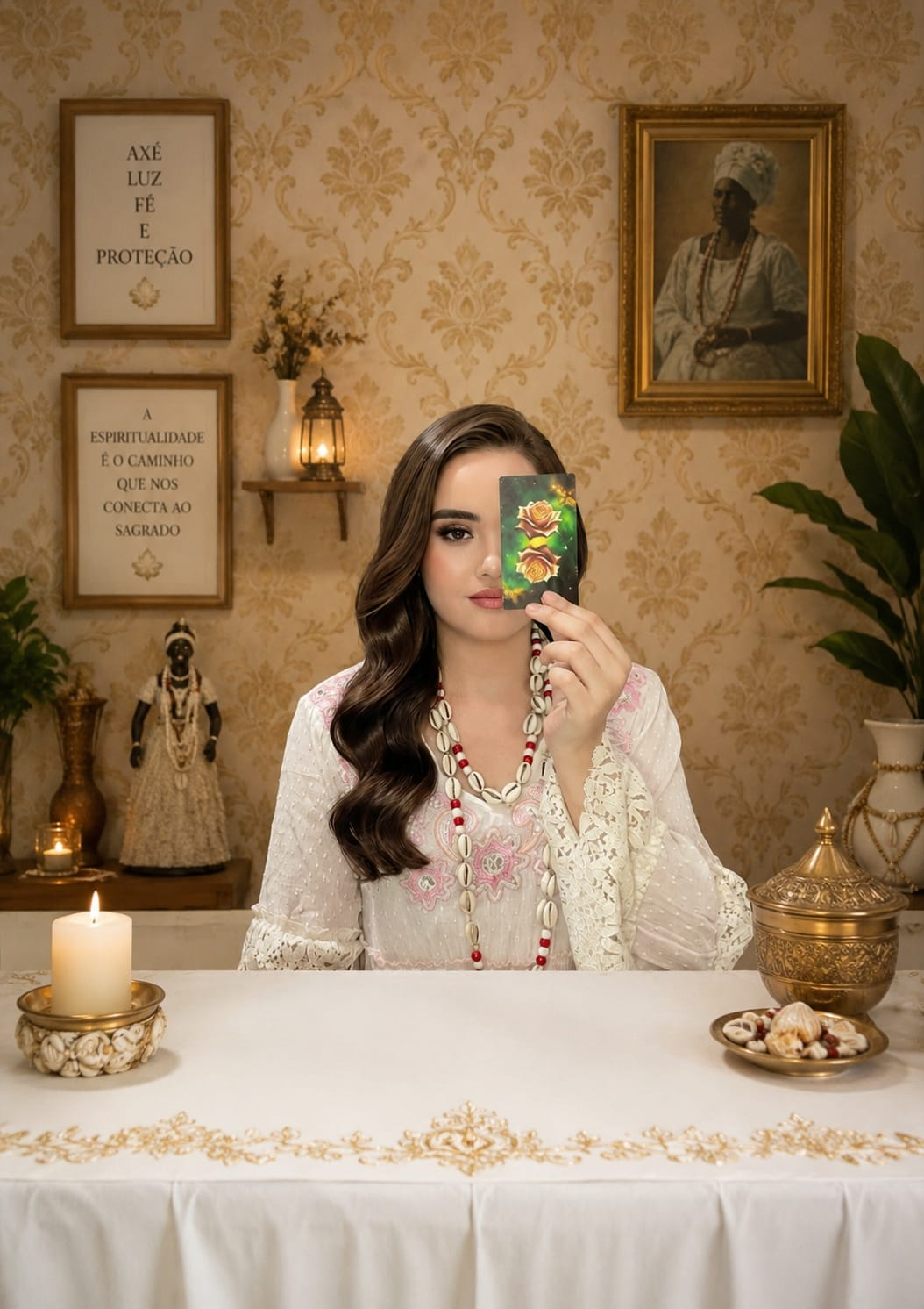Taróloga Jordana em seu altar segurando uma carta de tarô